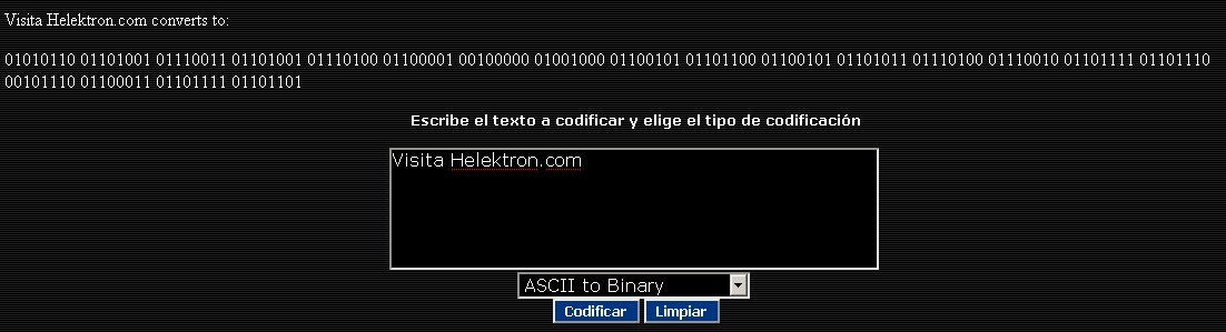 Traductor de ASCII a Binario, Hexadecimal, base64, MD5 y otras